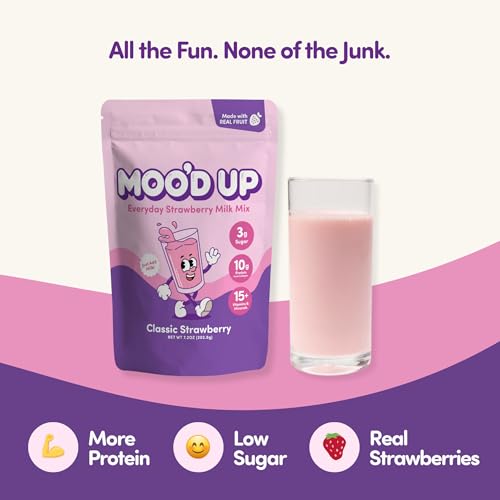 Image of Moo'd Up Strawberry Milk Mix - Low Sugar, High Protein (10g) - Made with Real Strawberries, Dairy-Free, No Artificial Colors or Sweeteners - Healthy Strawberry Drink Powder, 15 Servings