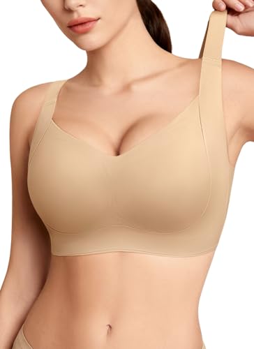 REALWILL Everyday Comfortable Wireless Bra Supportive Push Up Minimizer Bras for Women Seamless Soft Tshirt Bras No Underwire Full Coverage Bralette Lift Bra Beige S