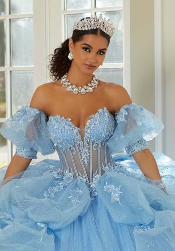 Glitter Tulle Quinceanera Dresses with Bow Elegant Ruffles Ball Gowns Lace Appliques Sweet 15 16 Dresses with Sleeves4
