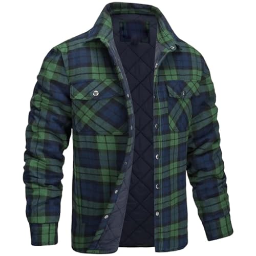 Men's Flannel Shirt Jacket Quilted Lined Long Sleeve Plaid Coat Button Down Thick Outwear Winter Lapel Thickened Shirt