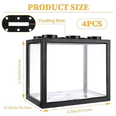 QTLCOHD 4Pcs Small Betta Fish Tank, 0.6 Gallon Stackable Mini Aquarium Tank, Rectangular Fish Bowl for Turtle, Reptile, Shrimp, Crab, Insects, Decoration (Black), Clear