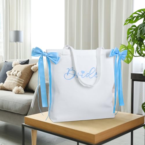 Bolsa Tote de Lona para Novia con Lazos de Satén Azules miniatura 3