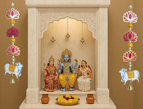 Image of Temple Decoration Item| Backdrop for Pooja Decor| Diwali Decoration Item| Hanging for Home Decoration| Wall Hanging Temple| Lotus Hanging for Home Decor| Ganpati Decor| (2, Lotus & Cow)