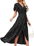Formal Dresses for Women,Gowns Evening Party Cocktail Dress,Long Split Elegant V Neck Wrap Ruffle Wedding Guest A-line Dresses Glitter - Black-L