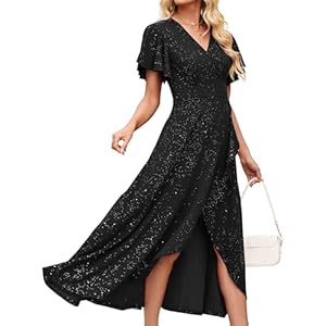 Vestidos largos formales negros para mujeres, vestidos de noche para fiestas y cócteles, elegantes con escote en V cruzado con volantes y abertura para invitadas de boda