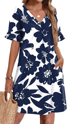 Image of OFEEFAN Summer Dresses for Women Ruffle Short Sleeve V Neck Casual Shift Dress with Pockets