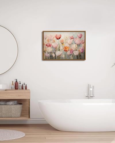 Image of KISSFOX Vintage Framed Wall Art Decor Rustic Blush Tulips Flowers Pictures Wall Decor Colorful Botanical Canvas Art Prints Farmhouse Still Life Paintings Artwork For Bedroom Kitchen Living Room