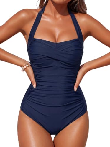 Image of Smismivo Tummy Control Swimwear Halter One Piece Slimming Vintage Retro Swimsuit Womens Ruched Push Up Bathing Suit