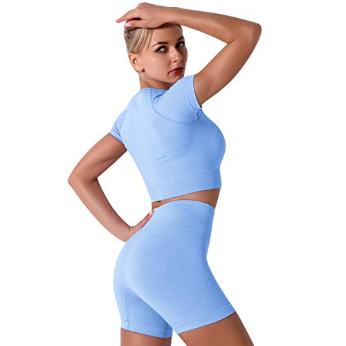 Image of Yoga Outfits Sets for Women 2 Piece Workout Tracksuit Running Short Sleeve Crop Top Seamless High Waist Sports Shorts Sets Gym Clothes Activewear Light Blue Large