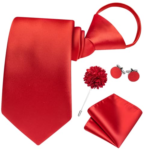 Image of Hi-Tie Zipper Ties for Men Pre-tied Tie Set Lapel Pin Pocket Square and Cufflinks Formal Business Wedding Adjustable Necktie