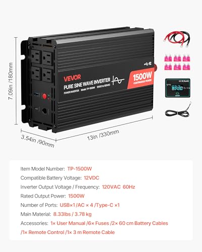 Image of VEVOR 1500W Power Inverter, 12V DC to 120V AC Pure Sine Wave Inverter, Car Charger Converter with Remote Control, USB & Type-C Ports, 4 AC Outlets, Fast-Charging for RV, Truck Outdoor Camping