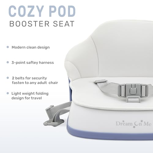 Image of Dream On Me Cozy Pod Baby Booster Seat for 6-36 Months, Portable Travel Booster Chair with 3-Point Safety Harness & 2 Fixing Belts, for Table & Dining, Lightweight Foldable & Easy to Carry - White