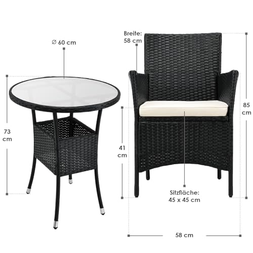 ArtLife Polyrattan Balkon Set Bayamo 2 Personen – Tisch mit Glasplatte & 2 Stühlen – Wetterfeste Balkonmöbel – Auflagen waschbar – schwarz – Creme - 7