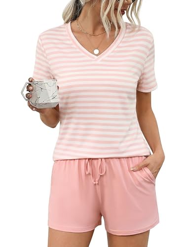 Bresdk Pijamas Baumwolle Schlafanzug Damen Kurz Pyjama V-Ausschnitt Nachtwäsche Streifen Hausanzug Schlafanzüge mit Tasche Große Größen Rosa L