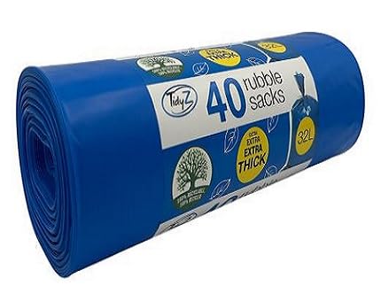 40 TidyZ Heavy-Duty Rubble Sacks. Made from 100% Recycled Plastic. Extra Strong and Thick Builders Bags. For DIY Construction, Building Site Debris, Garden Waste. 32L Blue Waste Bags