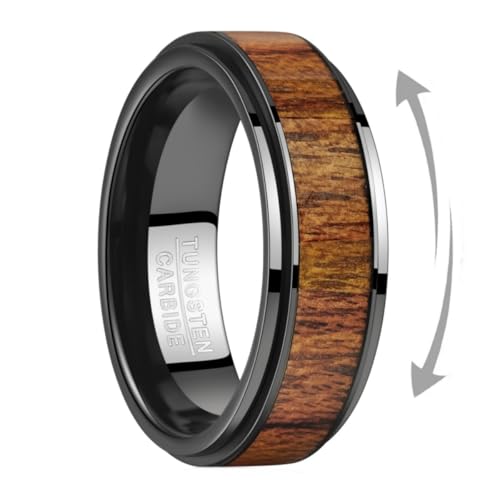 8mm Tungsten Rings for Men, Black Anxiety Fidget Spinner Ring, Mens Wedding Band, High Polished Koa Wood Rings for Men, Fidget Rings for Anxiety Released, Comfort Fit Size 9