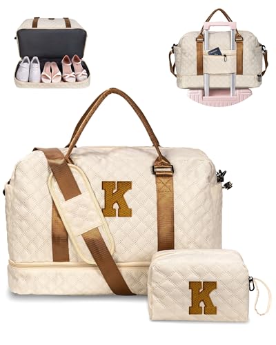 Vogewood Birthday Gift for Women-Duffle Bag with Shoe Compartment Personalized Gift-Weekender Bag for WomenOvernight Bag with Wet Pocket Girls Travel Bag with Makeup Bag Gifts for Grandma (Letter K)