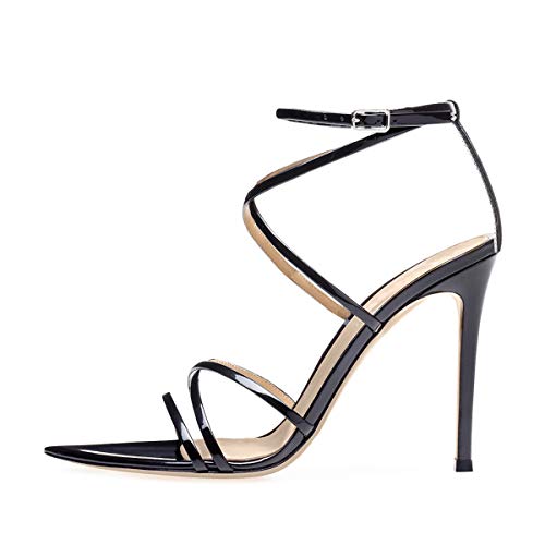Yolkomo Black Ankle Strap Heel for Women Wedding Gladiator Strappy Heel Sandals Stiletto High Heel Pointed Open Toe Dress Shoes for Party Prom Sling back Shoes Size 6