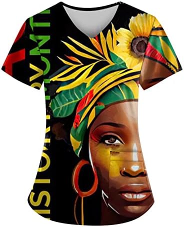 Women Scrub Tops Plus Size Short Sleeve V-Neck Melanin Girls African Printed Nurse Working Uniform with Pockets