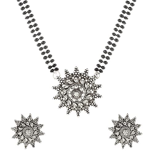 PARNA Oxidised Silver Short Mangalsutra With Stylish Modern Pendant Matching Oxidized Stud Earrings Black Beads Chain For Women (18 Inch) (B0BSLTPX6T) Amazon Price History, Amazon Price Tracker