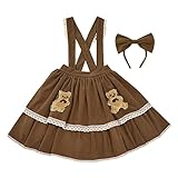 Cuteighteen Pleated High Waist Short Skirt with Suspender Teen Girls Cute Bear Vintage A-line Tiered Corduroy Lolita Skirt for Women (Brown)