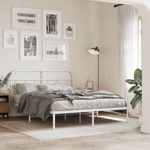 Yisssmeng King White Metal Bed Frame 61.4"x81.5"x39.4", Matte Steel Platform,
