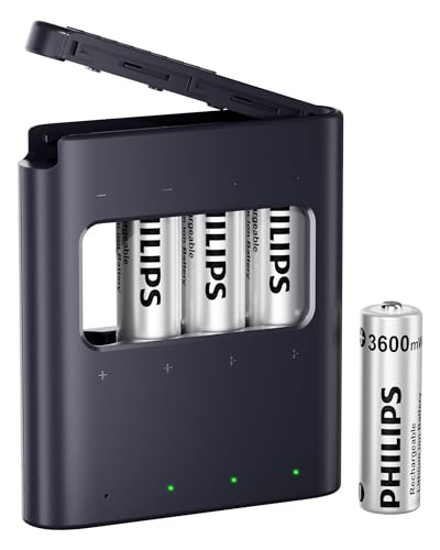 Philips 4-Pack 1.5V AA Rechargeable Lithium Batteries 3600mWh High Capacity for Gaming Controllers