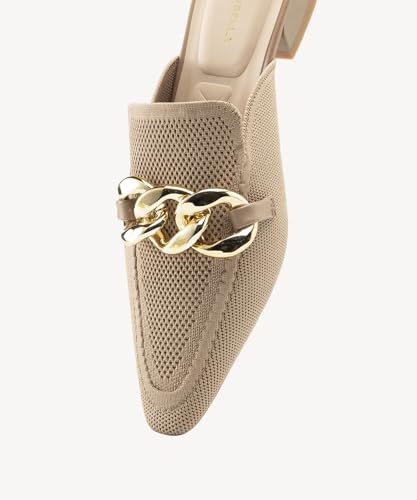 Image of NEWBELLA Women's Knit Pointed Toe Mule Slides, Chunky Gold Chain Decor, Low Block Heel, Slip On Loafer for Daily Office Wear