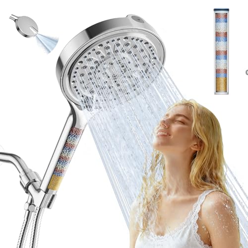 JITTGO 6 Inch Filtered Shower Head, 6 Spray Modes High Pressure Handheld Shower Head with Filter for Hard Water, Detachable Water Softener Showerhead with Hose, Chrome by JITTGO - Used condition - US$15.81