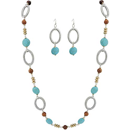 COIRIS Long Simulated Turquoise Beads Statement Necklace For Women with Earrings (N0036)