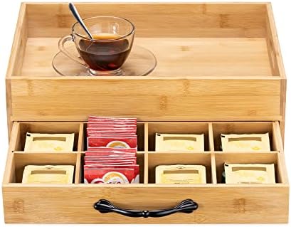 Navaris Bamboo Tea Box and Tray - Serving Tray with Storage for Tea Bags with Bag Organiser Drawer - 12 Compartment Tea Storage with Carry Tray