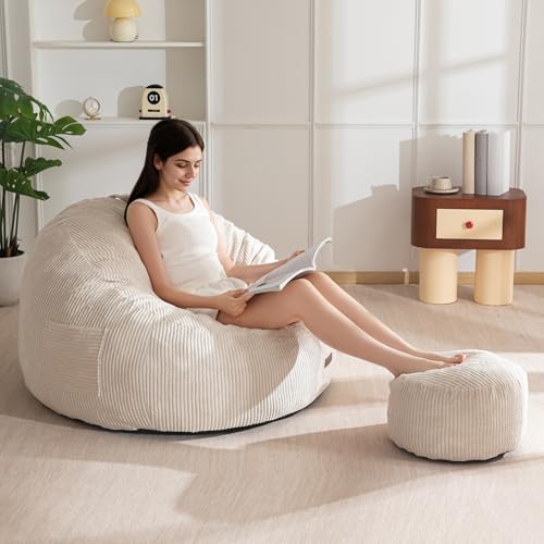MAXYOYO Sillón Puff de Pana con Reposapiés para Adultos y Niños, Sofá Puff y Puf con Relleno de Espuma, Sillón con Asa para Sala de Estar, Dormitorio, Juegos, Lectura y Relajación