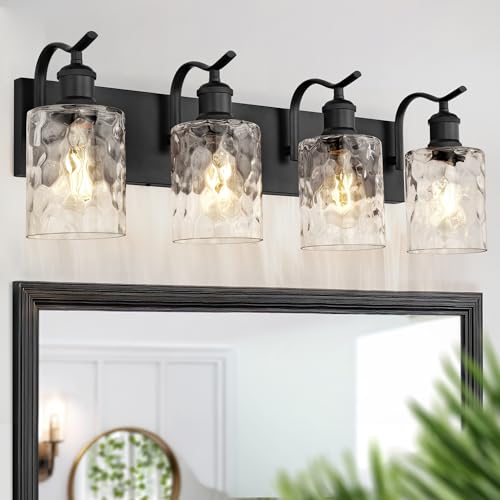 Image of Bathroom Vanity Light Fixtures 4-Light Hammered Glass Modern Wall Mounted Over Mirror Black - VL01BKH-4