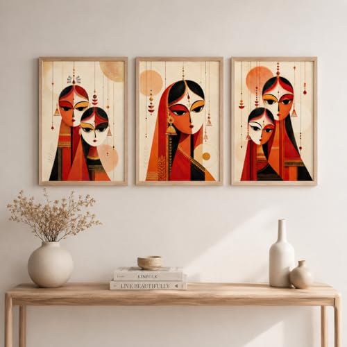 Image of Livin'luxe Set of 3 Traditional Indian Women Wall Paintings for Living Room Bedroom Home Decor with Premium Wooden Color Synthetic Frame (25.5 x 19.5 Inch) NM03-64