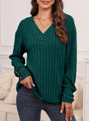 Image of Dokotoo Womens Tops V Neck Lightweight Sweater Fall Long Sleeve Top 2026 | Decorative Buttons, Soft Breathable Knit Material, Pullover Tunic Tops, Business Casual, Fall Outfits, Winter Clothing 2026
