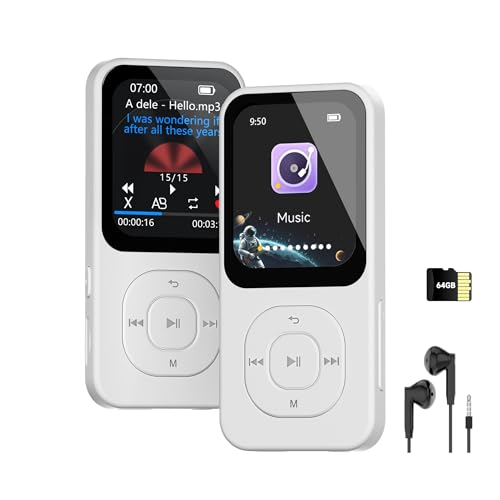 64GB MP3 Player with Bluetooth 5.3, 30 Hrs Playtime, HD Screen Portable Music Player for Sports, Built-in Speaker, FM Radio, Voice Recorder, E-Book, Sleep Timer, Expandable Up to 256GB (White)