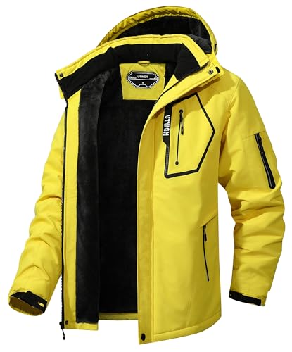 UTWGN Herren Skijacke Winter Warm Schneemantel Wasserdicht Windbreaker Kapuze Arbeit Outerwear Snowboardjacken, gelb, Large