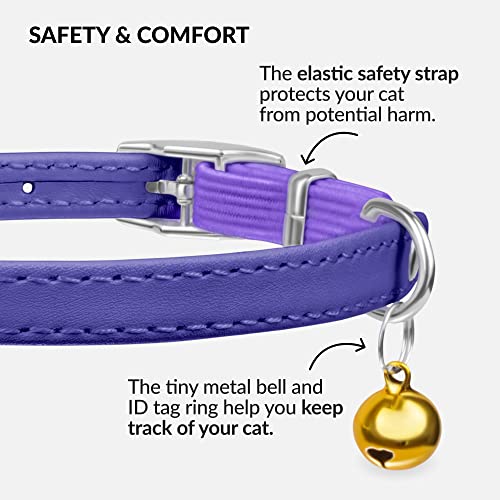 Image of CollarDirect Leather Cat Collar, Animal Collar with Elastic Safety Strap and Bell for Boy, Girl, Kitten (Neck Fit 6 inch-7 inch, Purple)