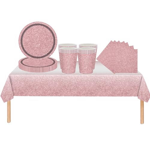 53Pcs Sparkling Rose Gold Party Tableware Decorations for Girls Party Decor,Soild Shinny Rose Birthday Party Table Cloth, Paper Plates 7inch Cups Napkins for Kids Girl Birthday Party Favor
