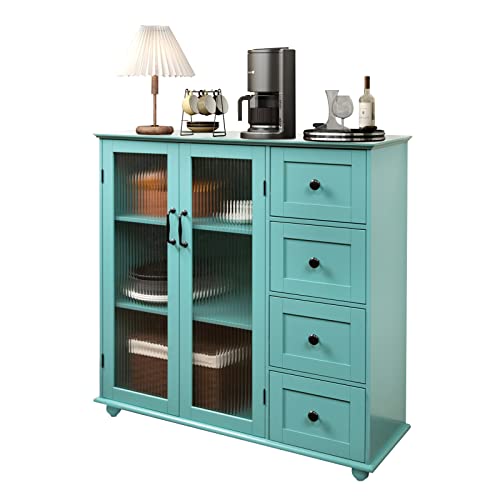 Luckwind Sideboard Buffet Cabinet, Kitchen Cupboard Bar Storage Cabinet With 2 Tempered Glass Doors & 4 Drawers, Buffet Server, Console Table For Dining Room Living Room And Entryway, Green #TOP3