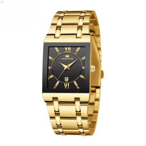 Leatrom Men's Watch Business Square Wrist Watch Stainless Steel Strap Fashion Calendar Display Quartz Waterproof Watch (Black Case Gold Band) -  2431-JH