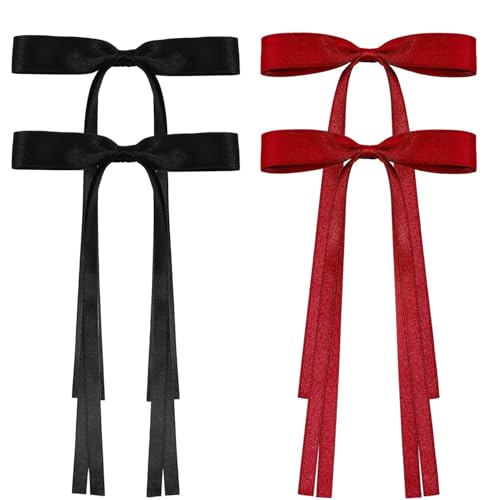 JIALITFUN Hair Bow Clip, 4Pcs Fabric Bowknot Hair Accessories with Long Tail for Women Girls Toddlers Teens Kids (Black+Red)