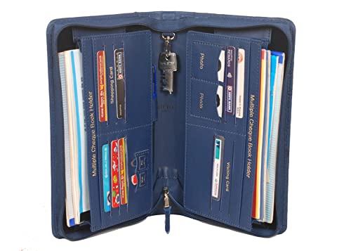 Image of Sukeshcraft Multiple Cheque Book Holder | Original PU Holds Upto 8 Cheque Books, Locker Key Hook, 2 Photo Slots, 1 Pin-Sim Slot, 13 Credit /Debit Card Slots with Matching Zipper (PU -Navy Blue
