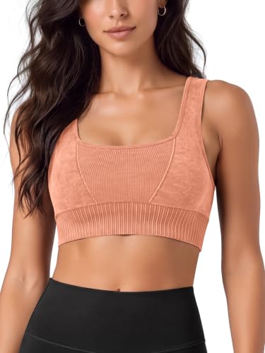 ODODOS Seamless Square Neck Sports Bra for Women Ribbed Crop Tank Casual Low Back Cropped Tops, Stone Washing Orange, Medium-Large