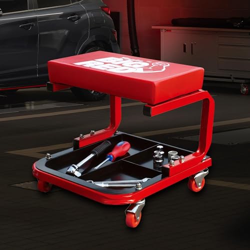 Image of Big RED Rolling Mechanic Stool | 360 swivel casters; 250-lb steel frame; 3-zone tool tray; 14 inch waterproof padded seat; for garages, auto shops & DIY