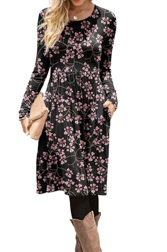 Image of DB MOON Women Casual Long Sleeve Dresses Empire Waist Knee Length Loose Dress with Pockets