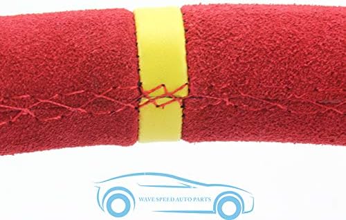 UNIVERSAL AUTOMOTIVE RACING 14"350MM SUEDE LEATHER DEEP CORN DRIFTING STEERING WHEEL BLACK+YELLOW GENUINE COARSE LEATHER NUBUCK COWHIDE CAR VEHICLE STEERING WHEEL AUTO REFIT SPARE PARTS (RED)