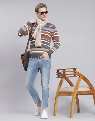 Image of Monte Carlo Royal Blue Striped V Neck Pullover | Warm Woolen Pullover for Men | Soft Comfortable Knitted Winter Wear Sweater for Men's