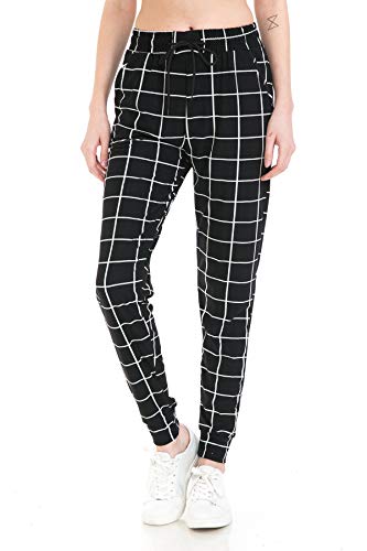 Leggings Depot Jga-Q655-L Checkered Black Print Jogger Pants W/Pockets, Large #TOP1