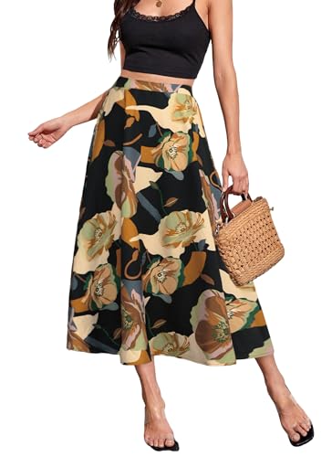 POPZONE Women's Midi Skirts Boho Fall Summer Flowy Elastic High Waist Floral Below The Knee Long Skirts for Women